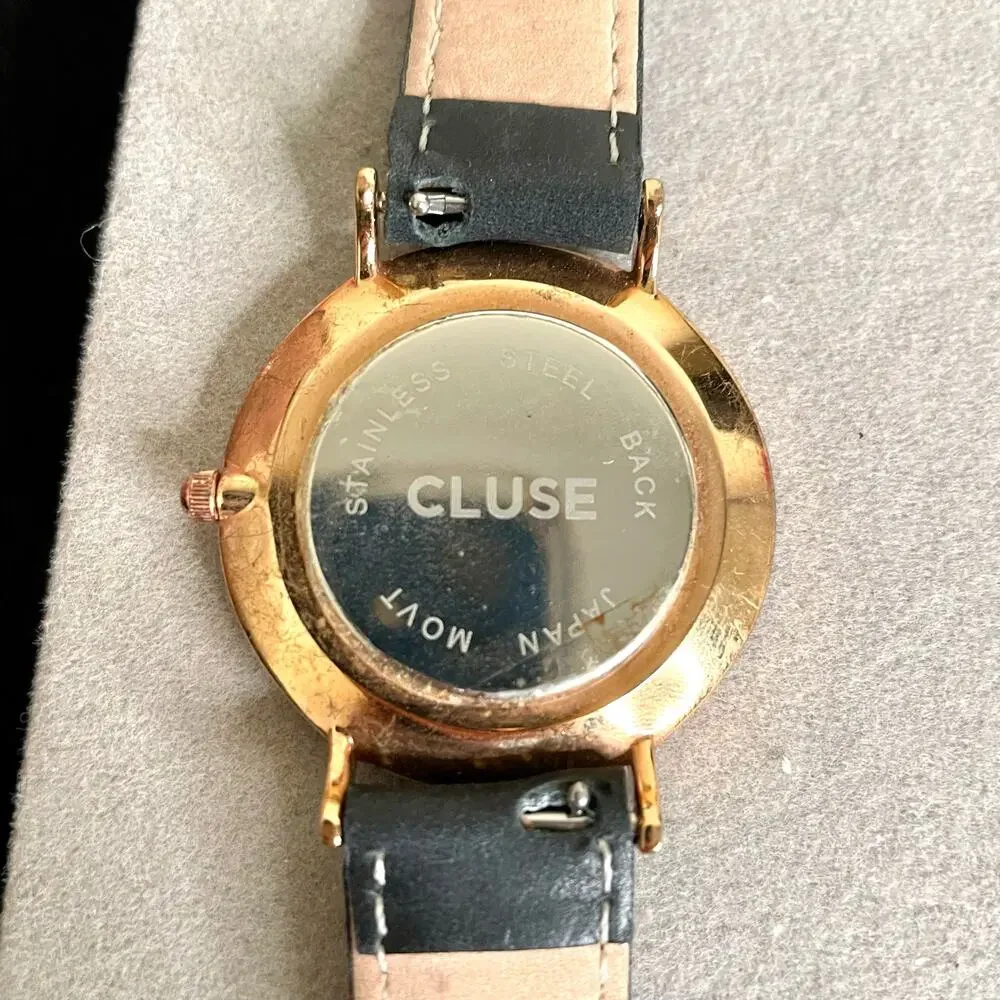Cluse Minuit Womens Black Rose Gold Tone Leather Strap Watch